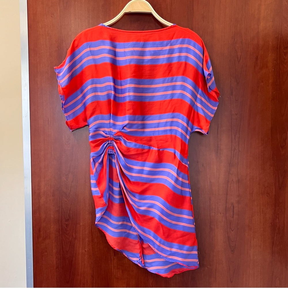 Lewit Asymmetrical Stripped Silk Tunic Front side Roushing Pleat Boat Neck Mediu